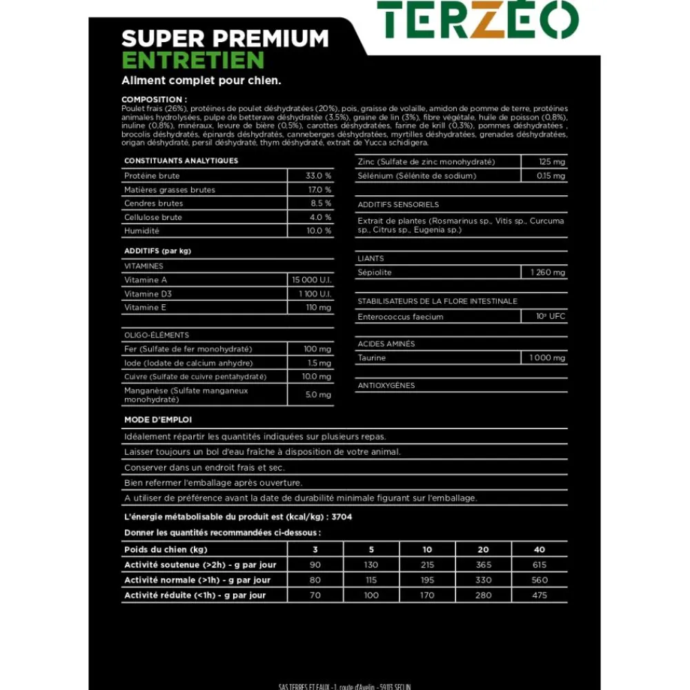 TERZEO VOS ANIMAUX CROQUETTE SUPER PREMIUM ENTRETIEN 14KG> Alimentation·Croquettes Chien Adulte Entretien|Alimentation·Croquettes Chien Adulte Entretien